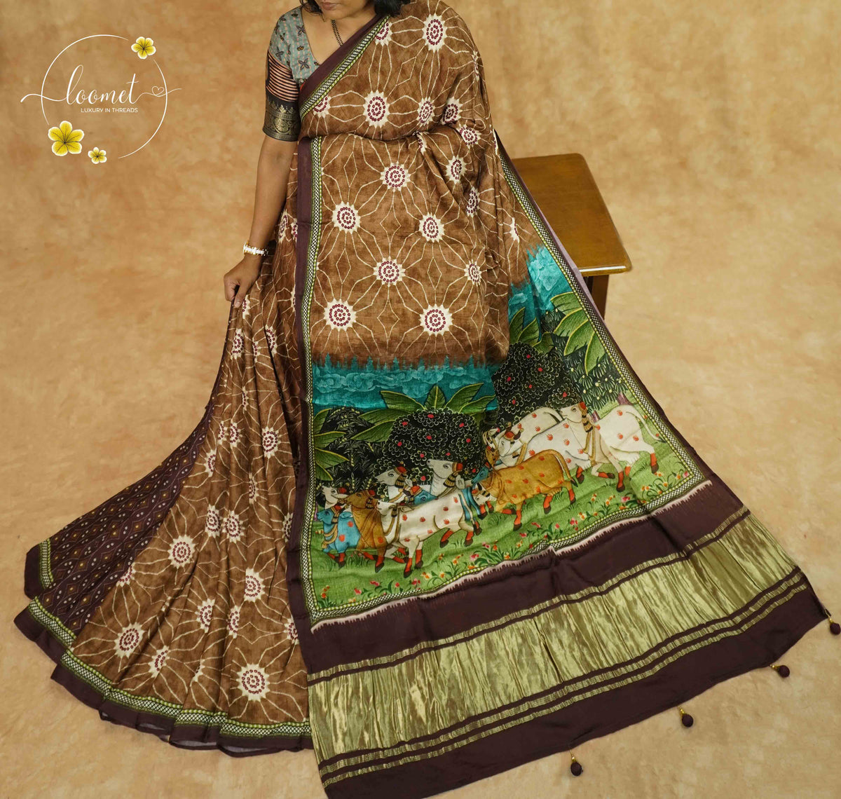 APL2401 Brown Pure Dola Viscose saree with Bandhej-inspired Mandala Print.