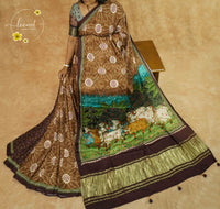 APL2401 Brown Pure Dola Viscose saree with Bandhej-inspired Mandala Print.