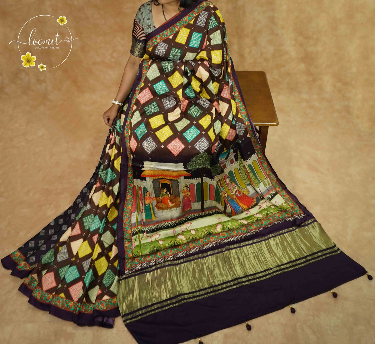 APL2501 Plum Pure Dola Viscose saree with geometric Mosaic Pattern.
