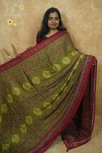 APL2901 Olive Green and Rust Red Modal silk with floral and circular block prints