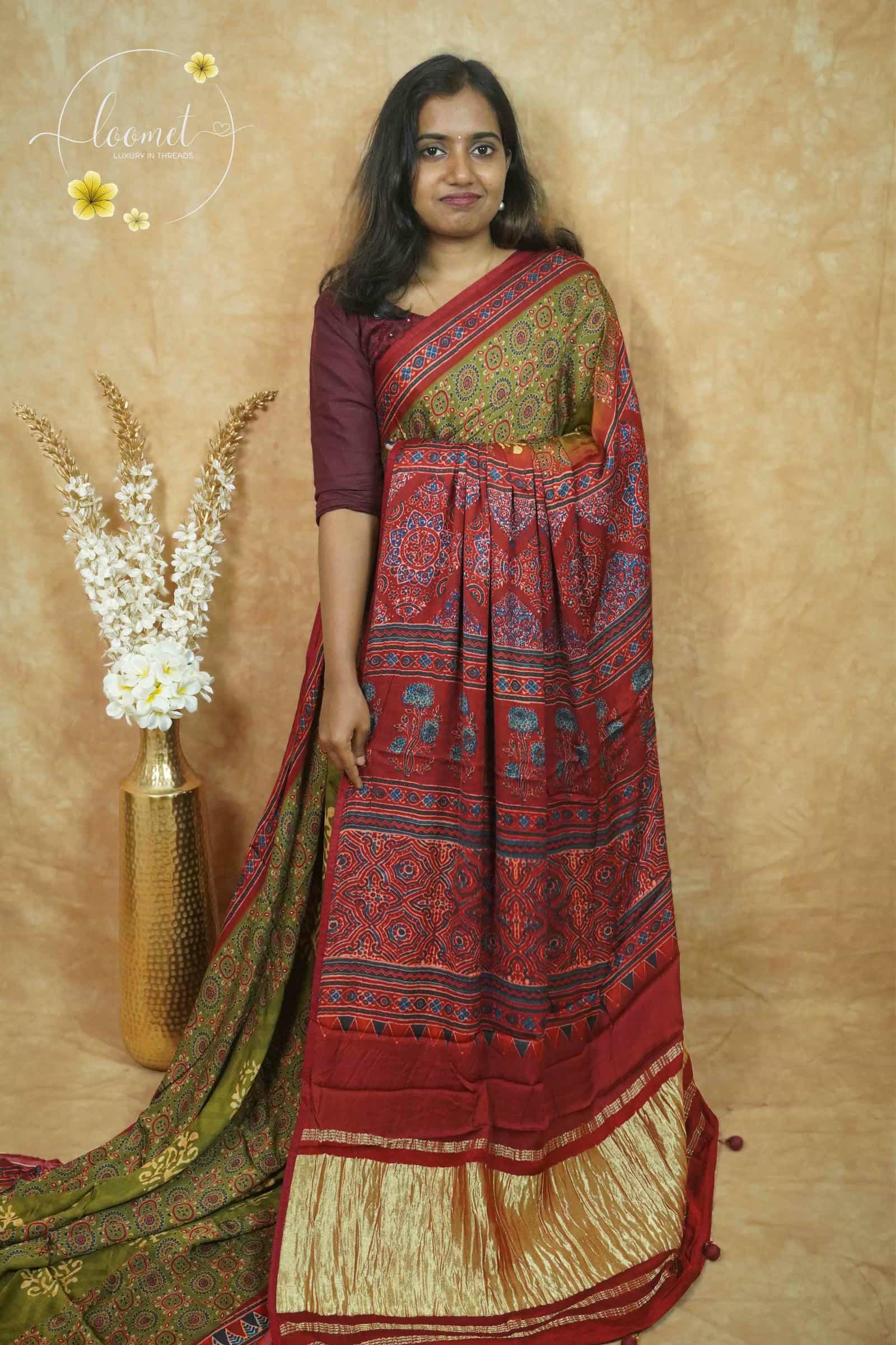 Apl Thread APL2901 Olive Green and Rust Red Modal silk with floral and circular b ...