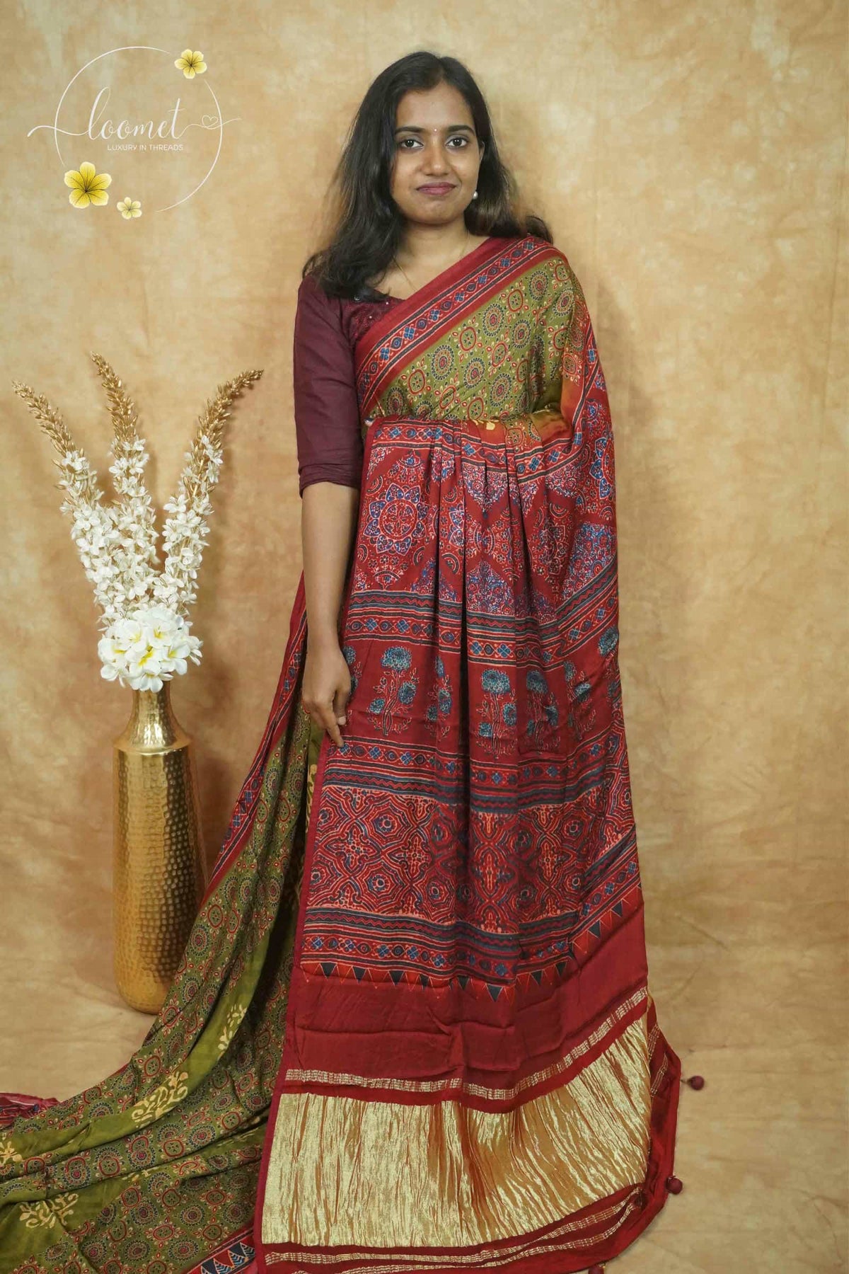 APL2901 Olive Green and Rust Red Modal silk with floral and circular block prints