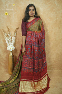 APL2901 Olive Green and Rust Red Modal silk with floral and circular block prints