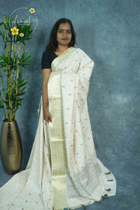 APL30001 Off-White Tussar Silk saree with block-printed geometric buttis