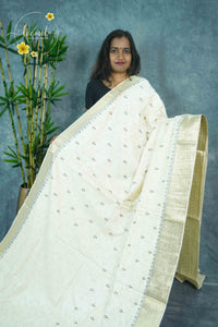 APL30001 Off-White Tussar Silk saree with block-printed geometric buttis