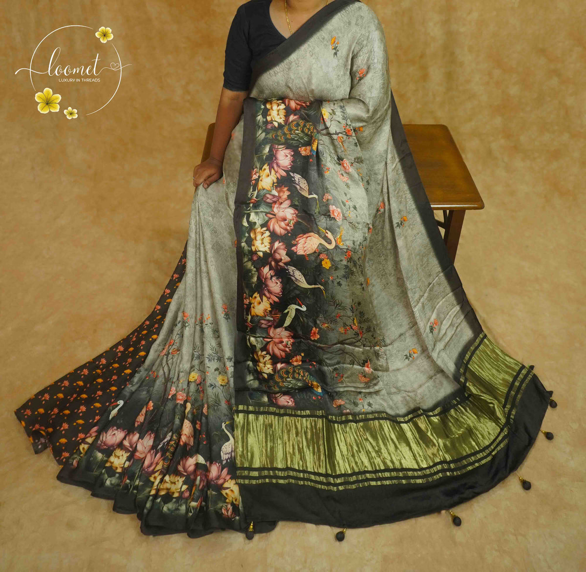 APL3051 Smoky Grey & Charcoal Pure Dola Viscose saree with Enchanted Garden Prints and Lagdi Patta Pallu.