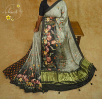 APL3051 Smoky Grey & Charcoal Pure Dola Viscose saree with Enchanted Garden Prints and Lagdi Patta Pallu.