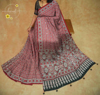 APL3121 Crimson & Black Semi modal silk saree with ajrakh print and handcrafted mirror work.