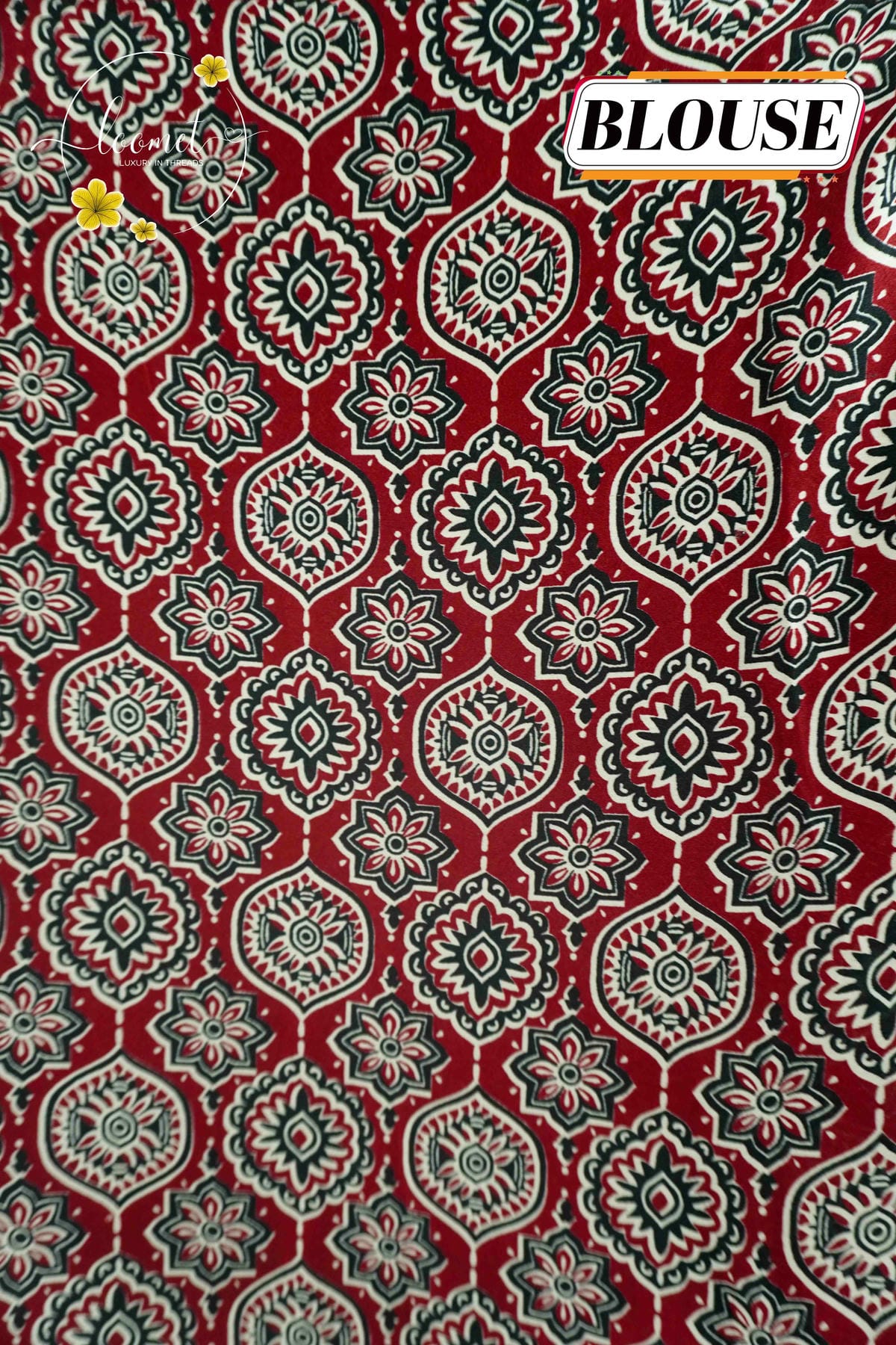 APL3121 Crimson & Black Semi modal silk saree with ajrakh print and handcrafted mirror work.