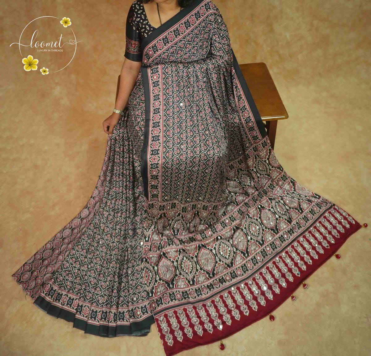 APL3122 Black & Crimson Semi modal silk saree with ajrakh print and handcrafted mirror work.