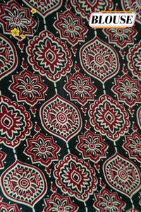APL3122 Black & Crimson Semi modal silk saree with ajrakh print and handcrafted mirror work.
