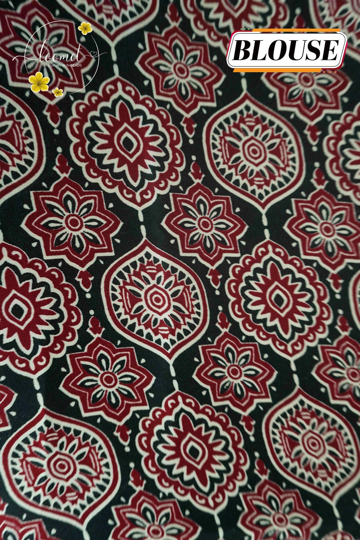 APL3122 Black & Crimson Semi modal silk saree with ajrakh print and handcrafted mirror work.