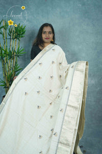 APL3201 Off-White Tussar Silk saree with bird-on-a-branch motif.