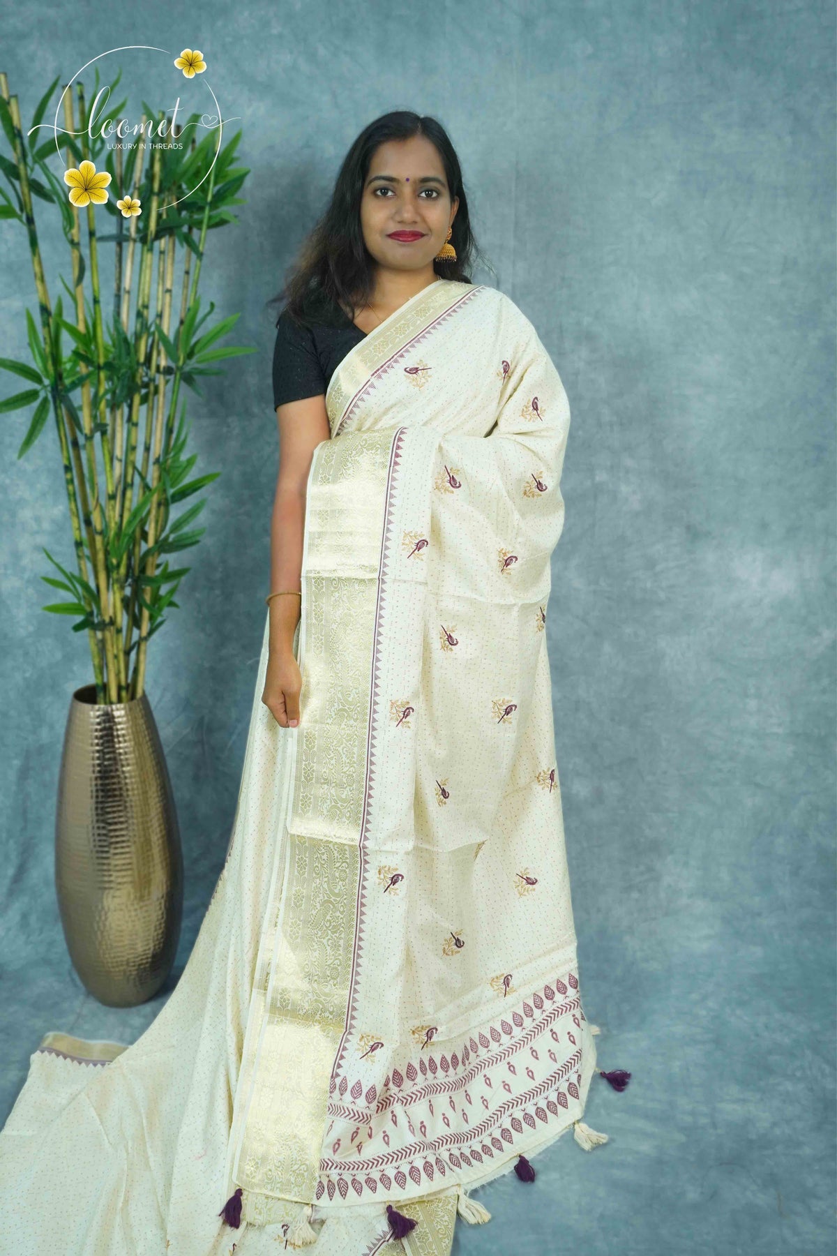 APL3202 Off-White Tussar Silk saree with wine-colored thread bird-on-a-branch motif.