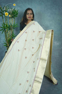APL3202 Off-White Tussar Silk saree with wine-colored thread bird-on-a-branch motif.
