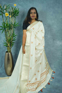 APL3203 Off-White Tussar Silk saree with orange-colored thread bird-on-a-branch motif.