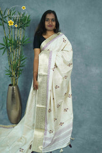 APL3301 Off-White Tussar Silk saree with purple and gold floral bunch buttas