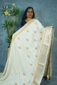 APL3302 Off-White Tussar Silk saree with orange and gold floral bunch buttas