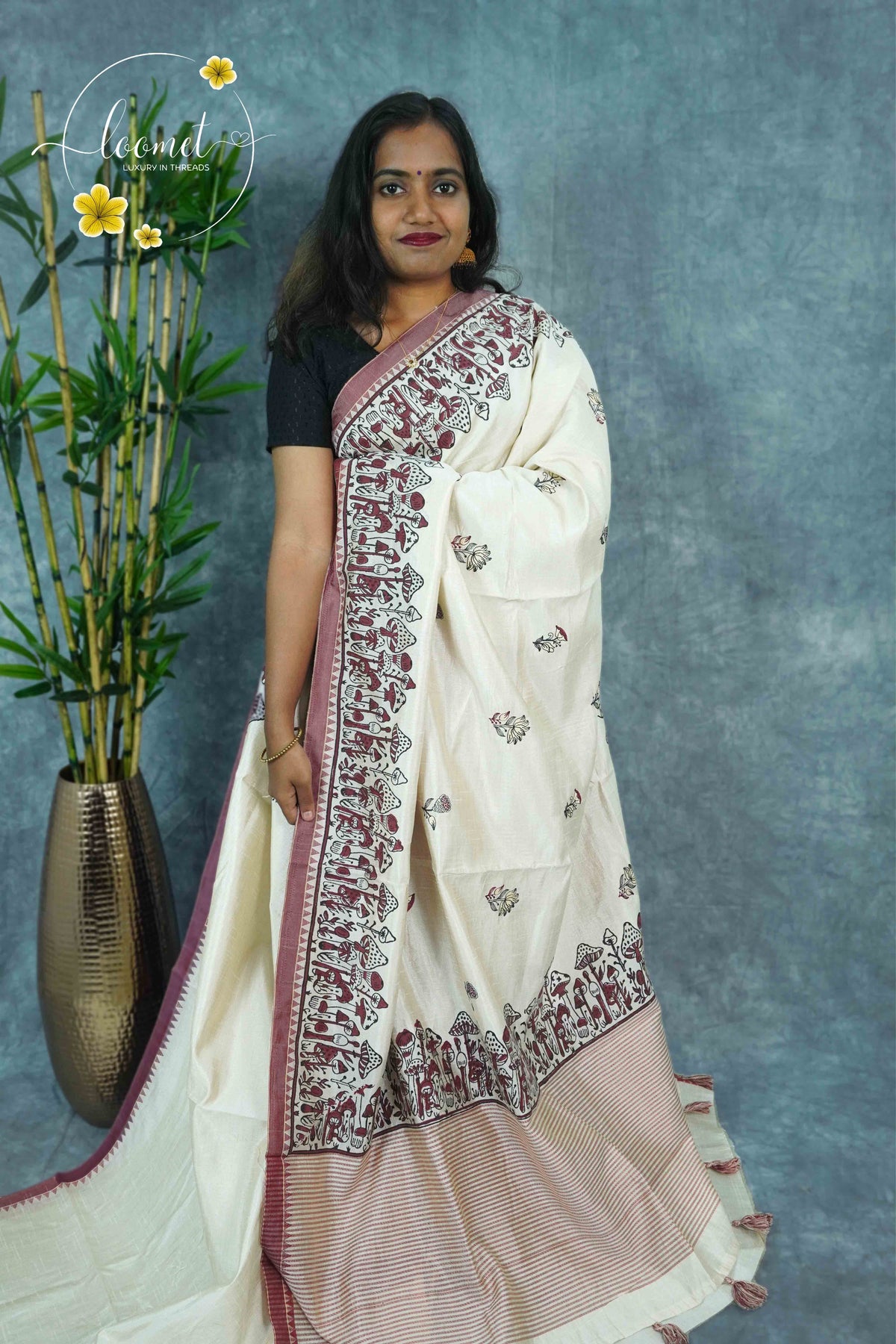 APL3401 Off-White Tussar Silk saree with hand-block prints mushroom motif