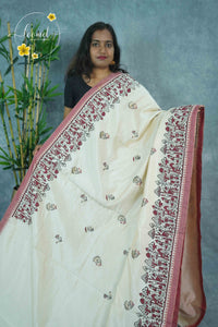APL3401 Off-White Tussar Silk saree with hand-block prints mushroom motif