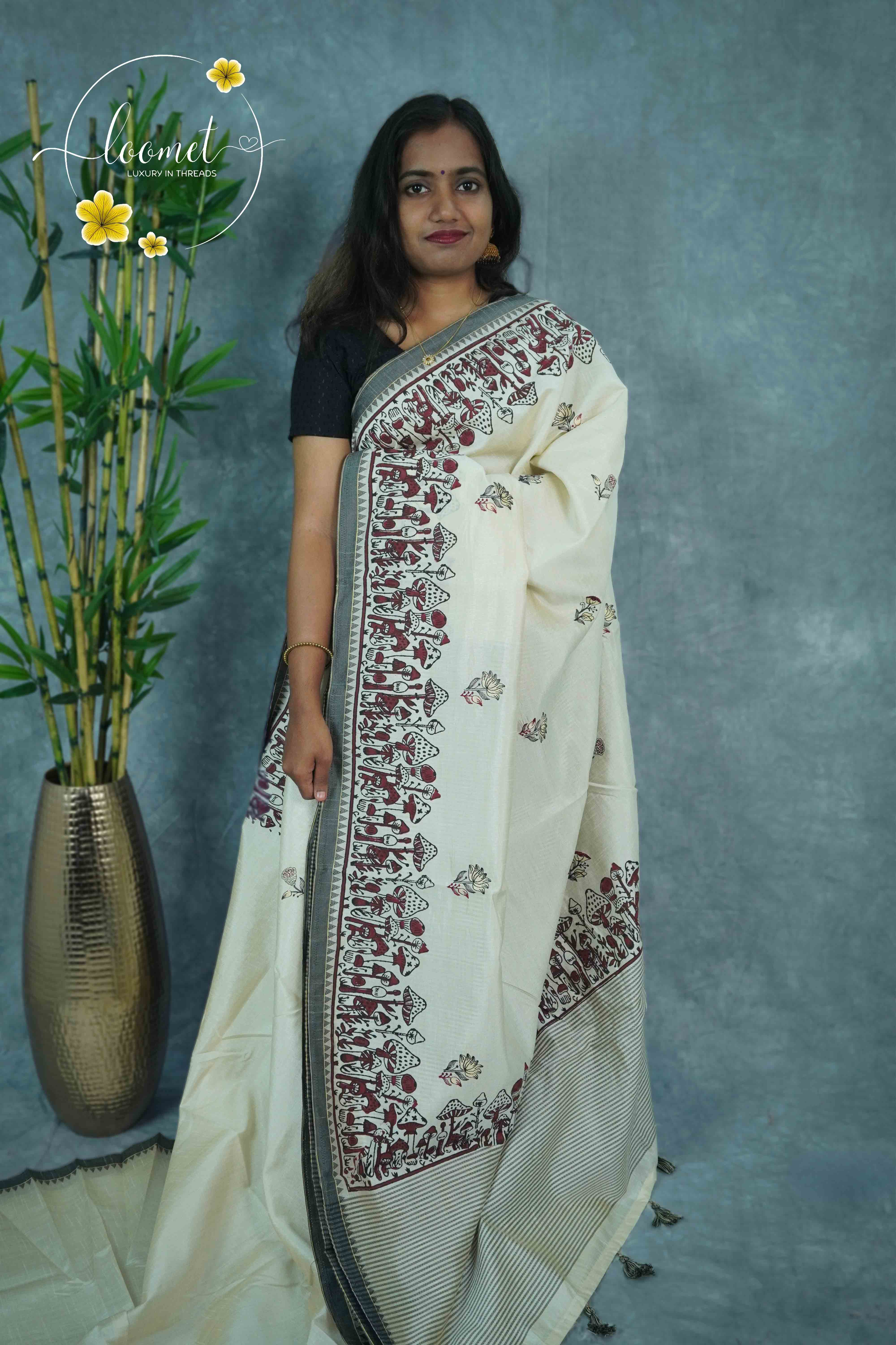 APL3402 Off-White Tussar Silk saree with hand-block prints maroon mushroom and botanical motif