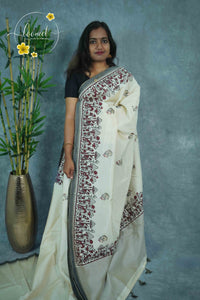APL3402 Off-White Tussar Silk saree with hand-block prints maroon mushroom and botanical motif