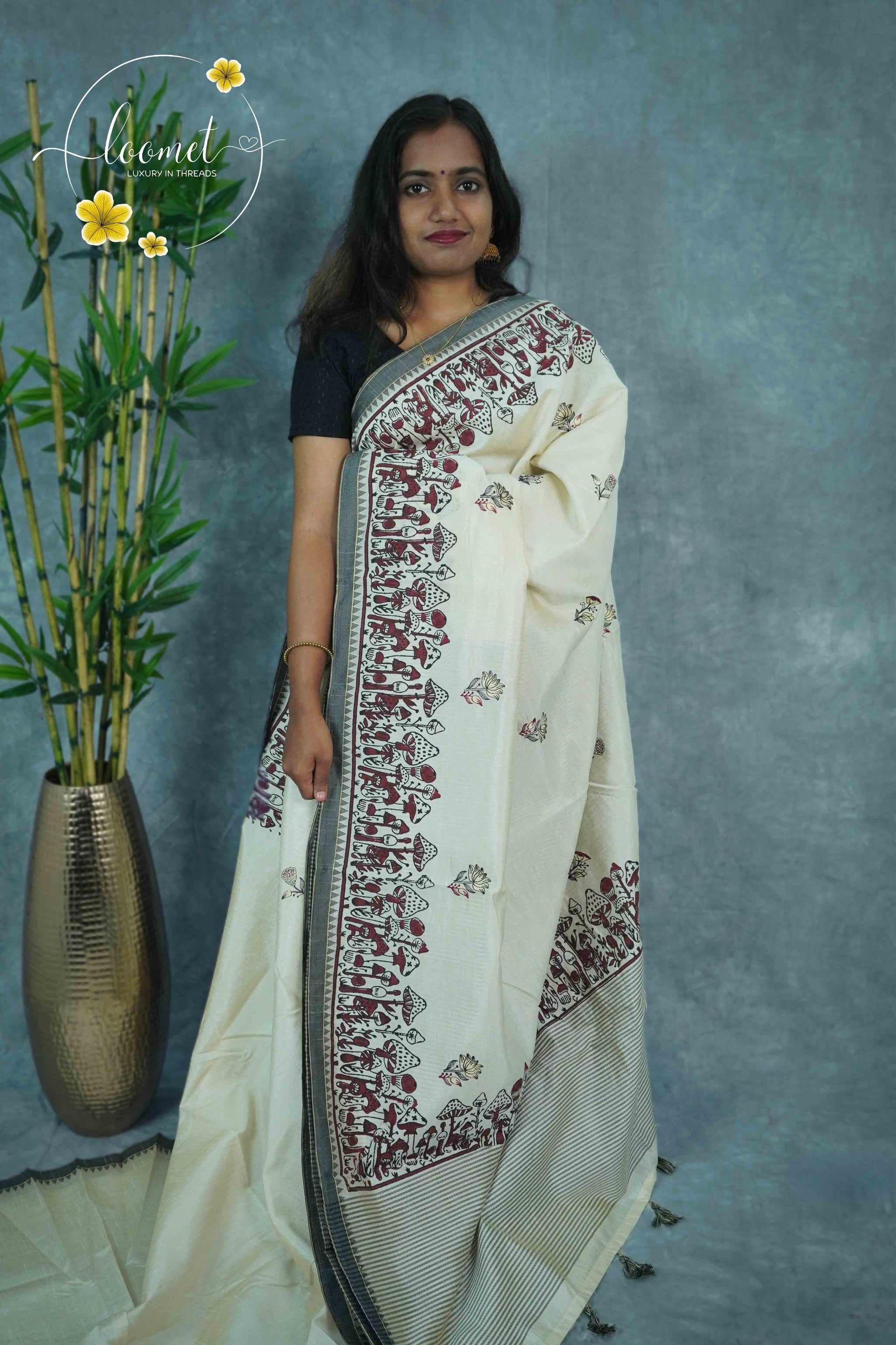 APL3402 Off-White Tussar Silk saree with hand-block prints maroon mushroom and botanical motif