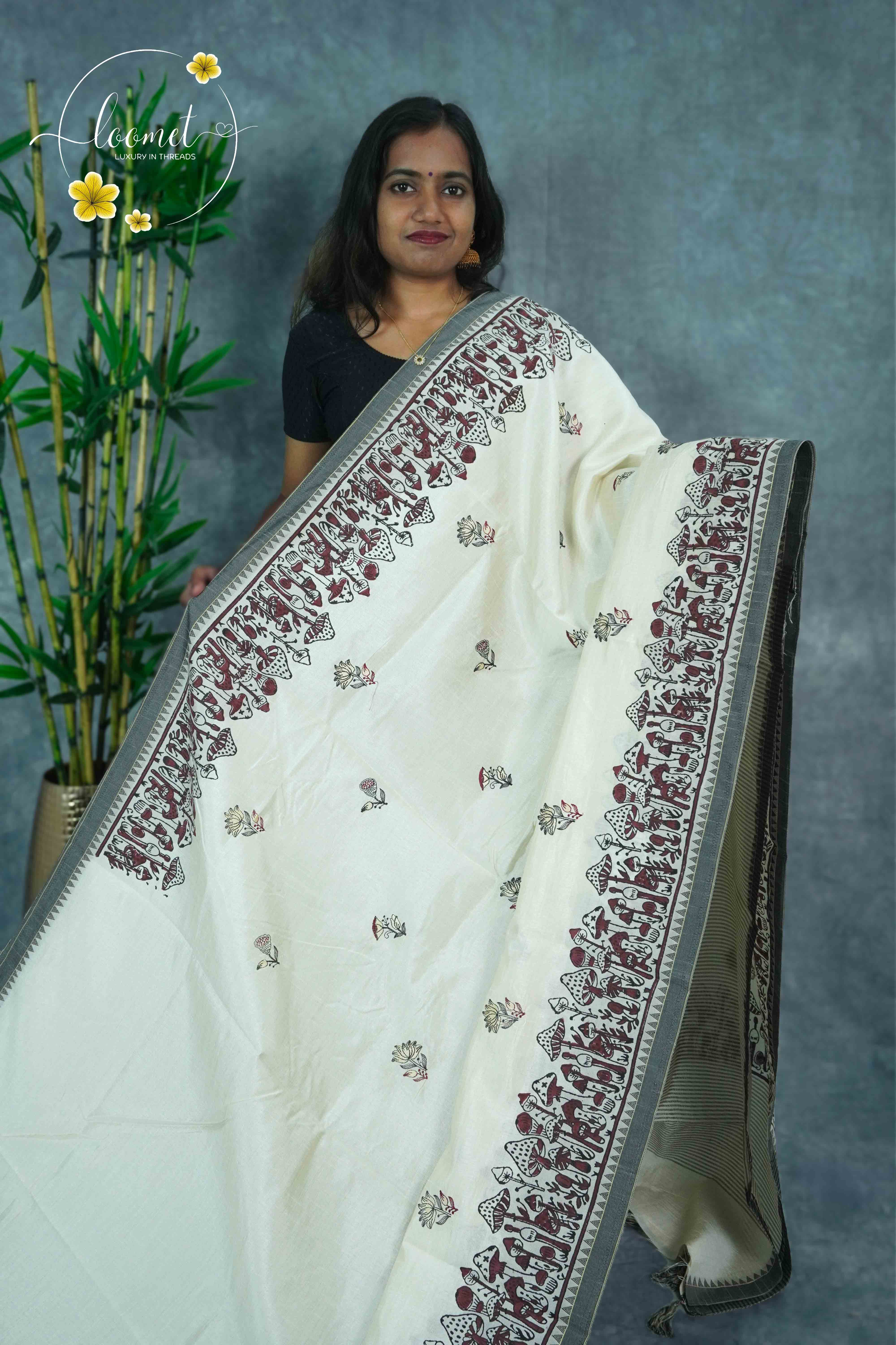 APL3402 Off-White Tussar Silk saree with hand-block prints maroon mushroom and botanical motif