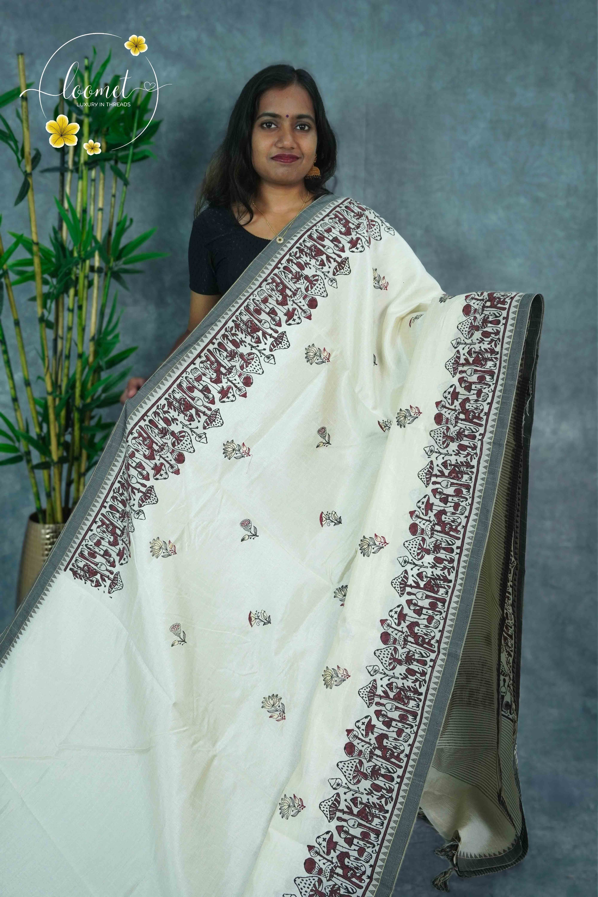 APL3402 Off-White Tussar Silk saree with hand-block prints maroon mushroom and botanical motif