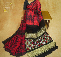 APL4025 Crimson Red & Black Modal saree features with Geometric Grid Pallu and Dual Lagdi Patta.