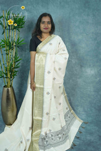 APL4501 Off-White Tussar Silk saree with charcoal grey tree-of-life butis.