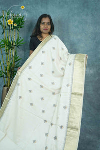 APL4501 Off-White Tussar Silk saree with charcoal grey tree-of-life butis.