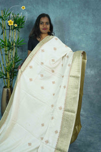 APL4503 Off-White Tussar Silk saree with ochre tree-of-life butis.
