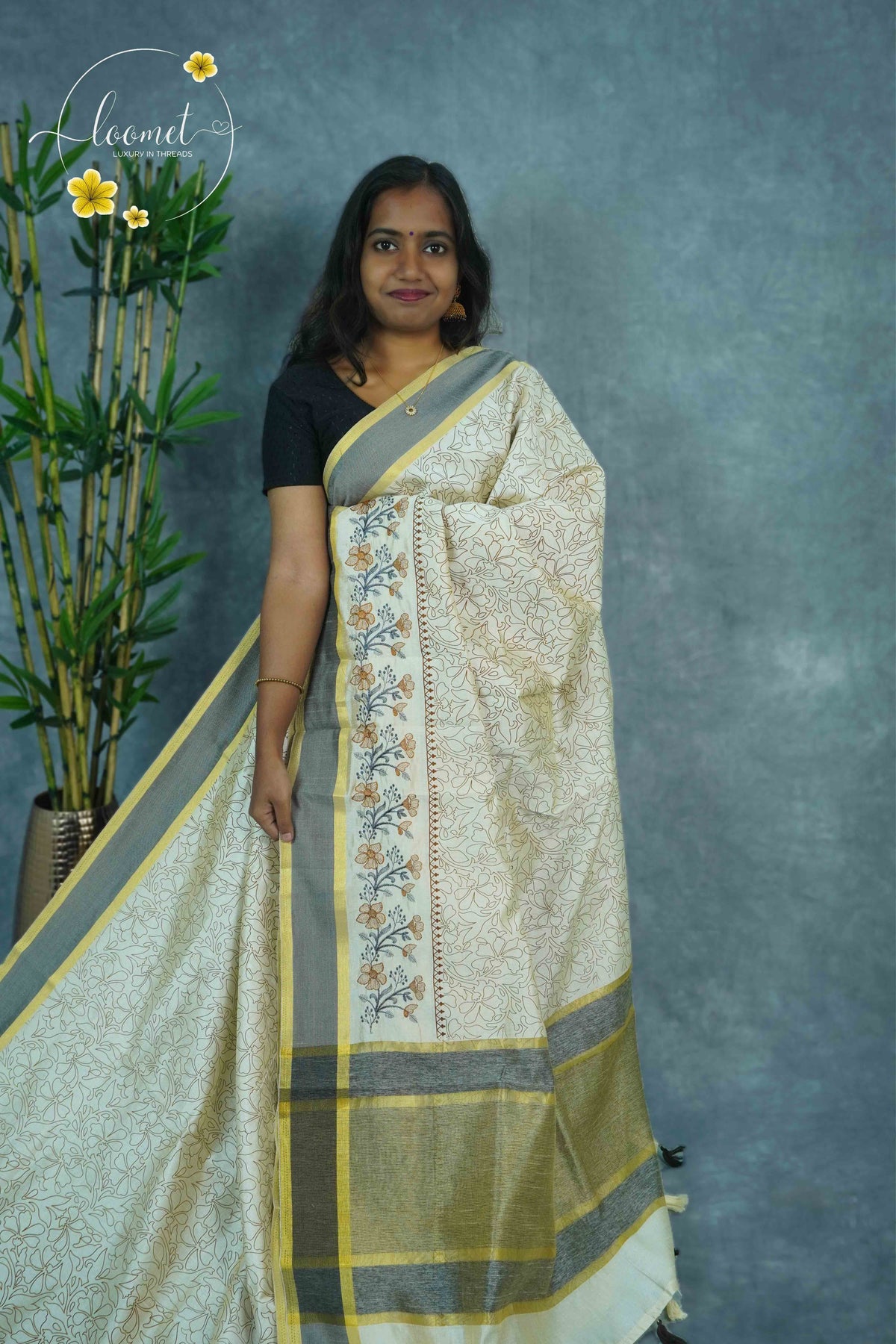 APL4601 Off-White Tussar Silk saree with brown linework all-over floral vine print