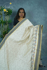 APL4601 Off-White Tussar Silk saree with brown linework all-over floral vine print