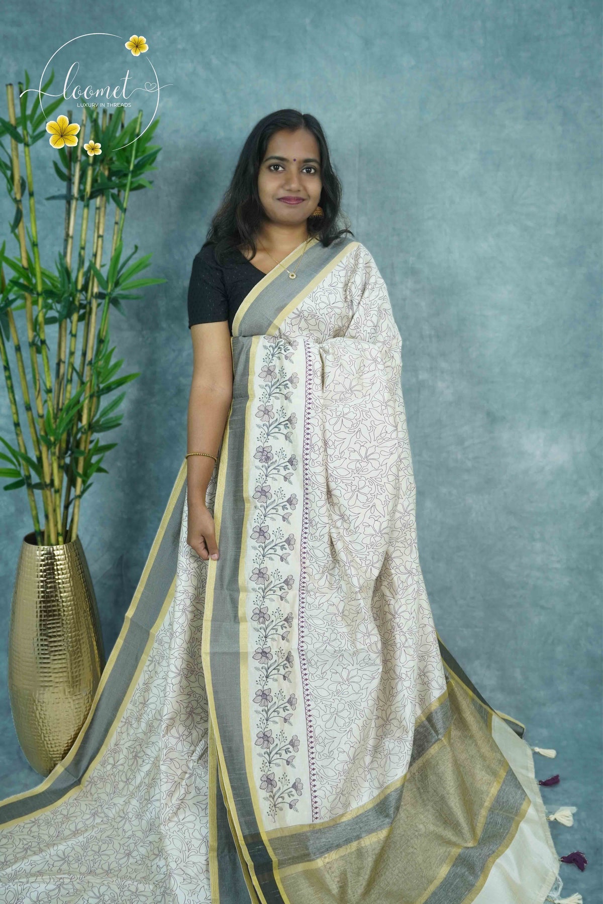 APL4602 Off-White Tussar Silk saree with plum linework all-over floral vine print