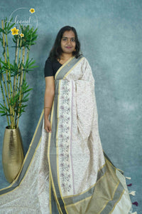 APL4602 Off-White Tussar Silk saree with plum linework all-over floral vine print