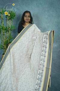 APL4602 Off-White Tussar Silk saree with plum linework all-over floral vine print