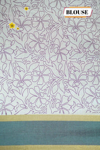 APL4602 Off-White Tussar Silk saree with plum linework all-over floral vine print
