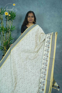 APL4603 Off-White Tussar Silk saree with cocoa brown linework all-over floral vine print