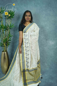 APL4603 Off-White Tussar Silk saree with cocoa brown linework all-over floral vine print