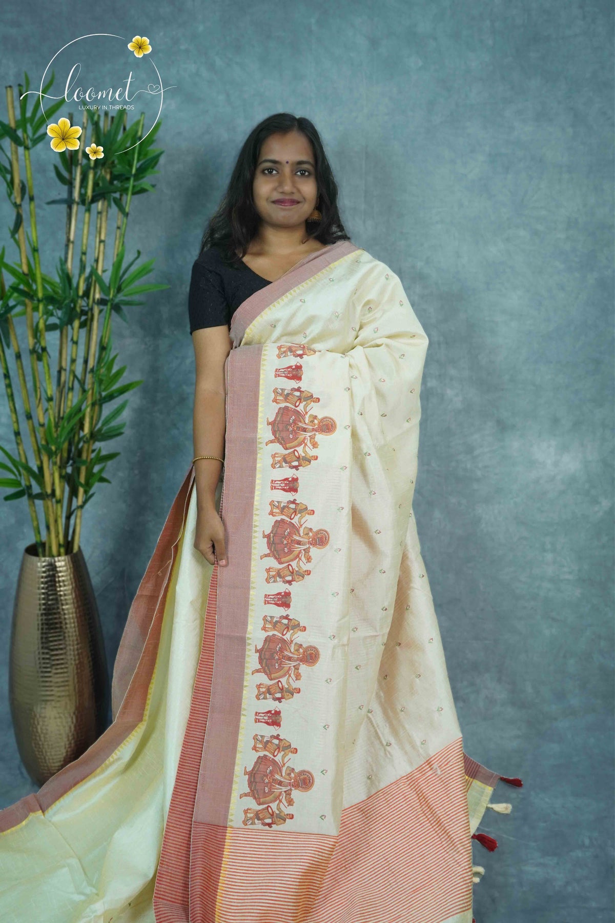 APL4701 Cream Tussar Silk saree with multicolored Kathakali-style motifs