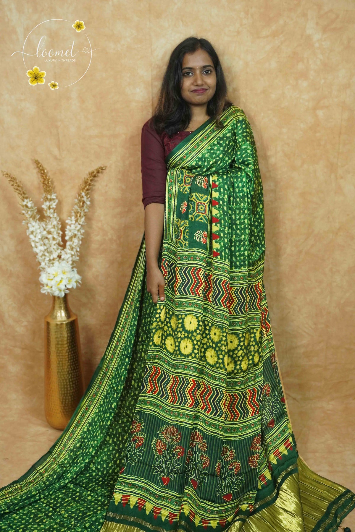APL4801 Emerald Green Modal silk with Bandhani-inspired pattern.