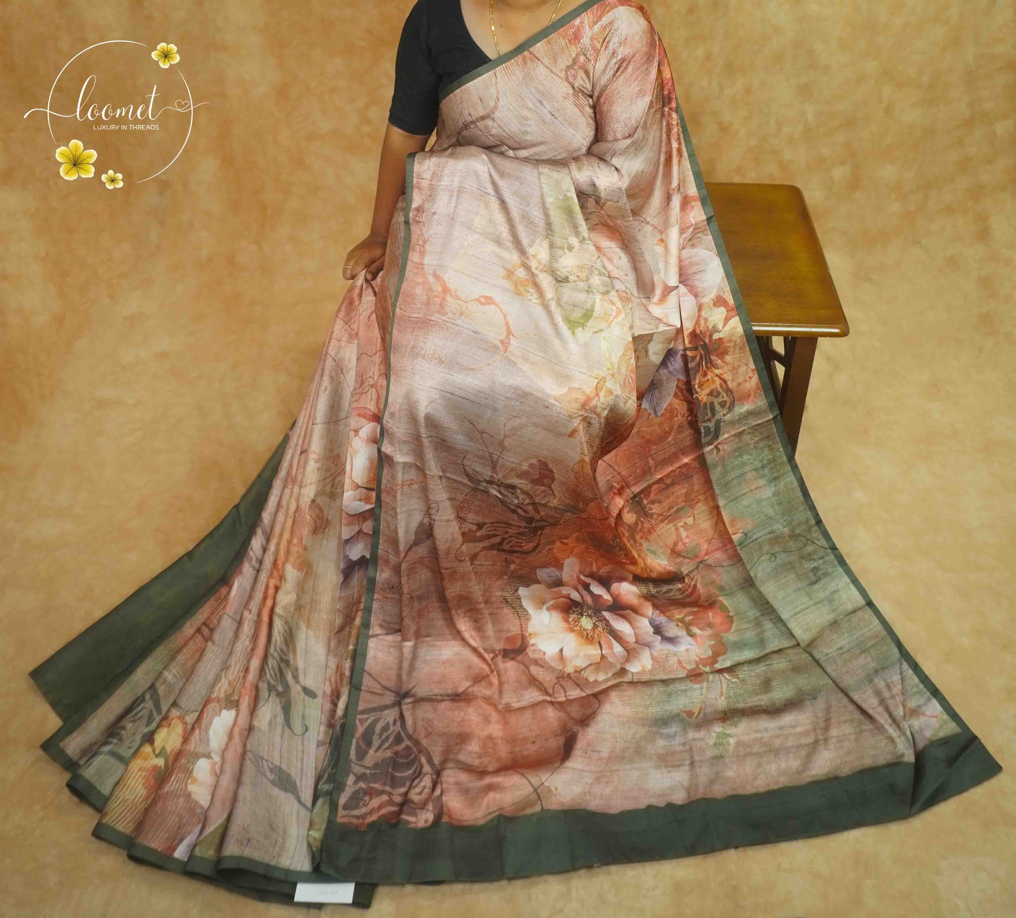 APL50001 Muted Earth & Rust Modal Stain saree with floral digital print.
