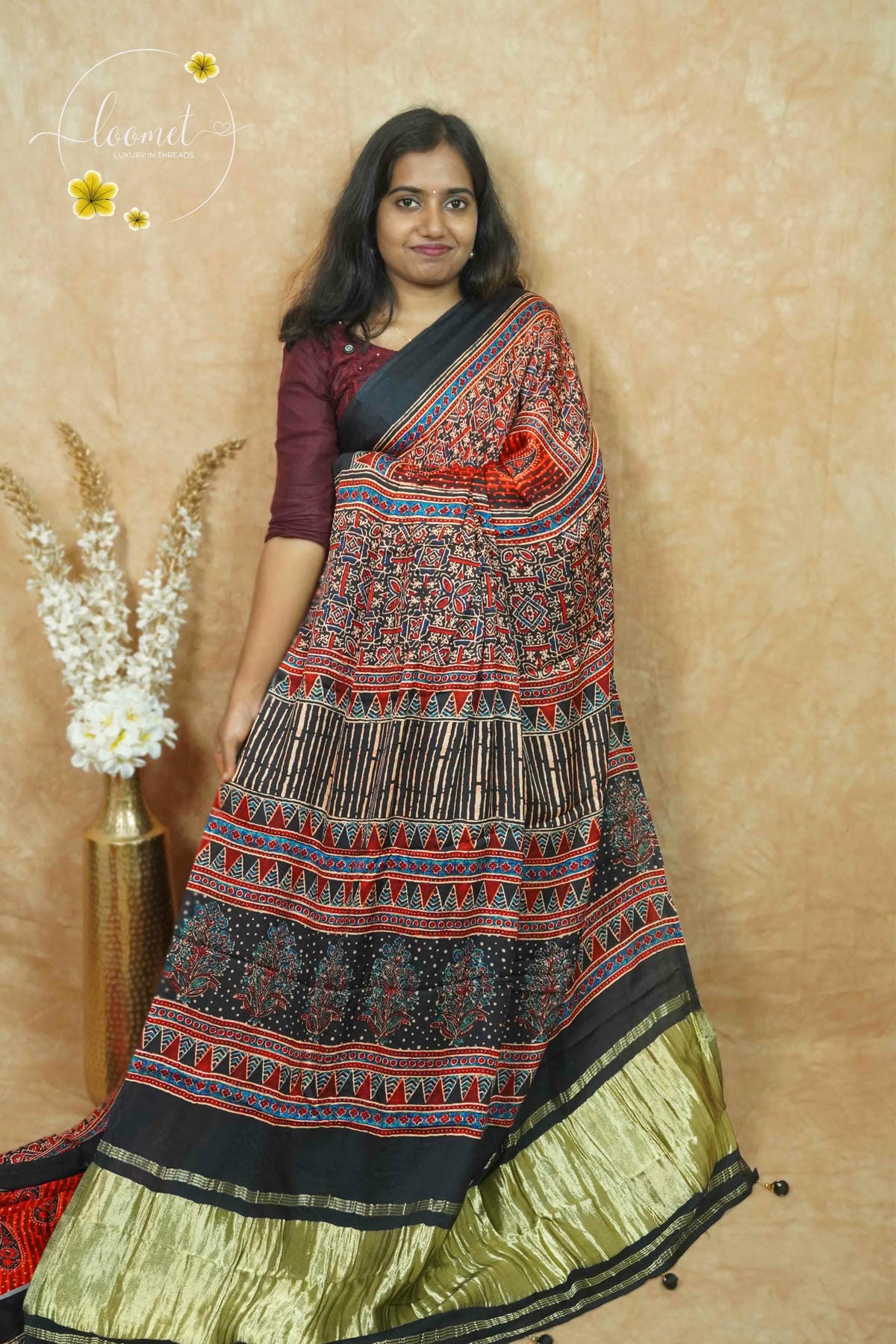 APL5001 Black and Rust Red Modal silk with all-over Ajrakh-inspired block