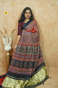 APL5001 Black and Rust Red Modal silk with all-over Ajrakh-inspired block