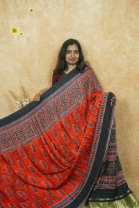 APL5001 Black and Rust Red Modal silk with all-over Ajrakh-inspired block