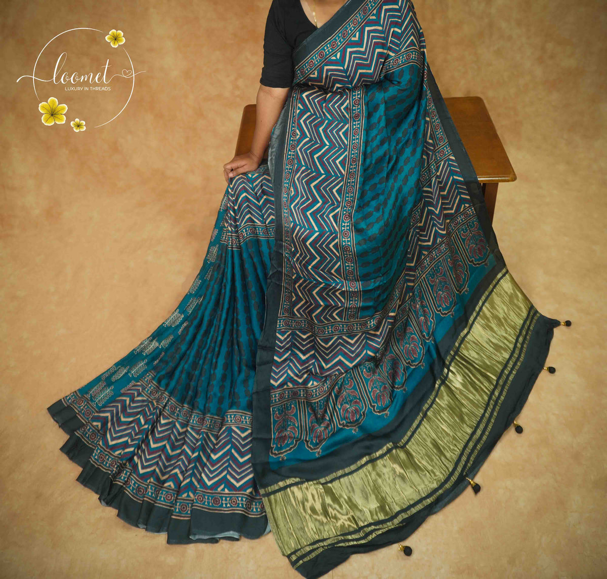 APL5101 Teal Blue Modal silk with chevron (zigzag) geometric pattern.