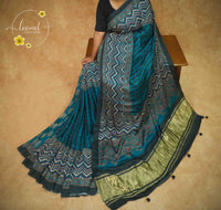 APL5101 Teal Blue Modal silk with chevron (zigzag) geometric pattern.