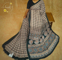 APL5121 Deep Indigo & Rust Semi Modal Silk saree with Intricate Geometric Mosaic Block Prints.
